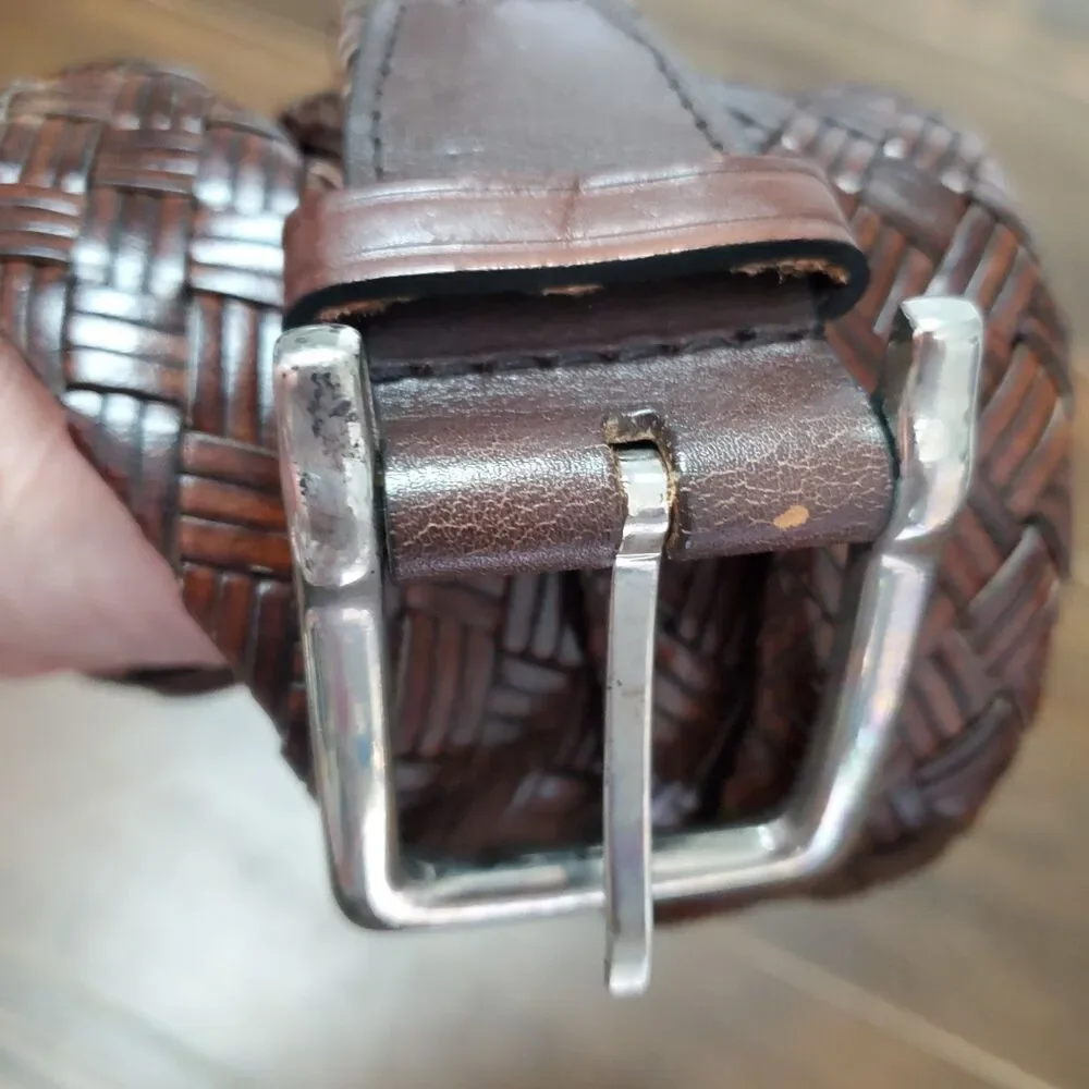Men's Braided Belt 40 Brown All Leather Woven Braided Brass Buckle Dress Work
